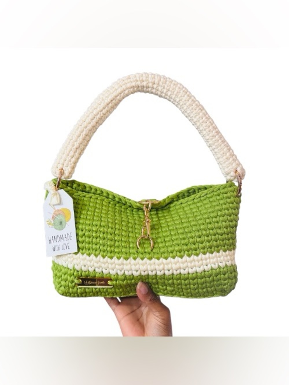 102-Stylish Handmade Green and Off-White Crochet Shoulder Bag